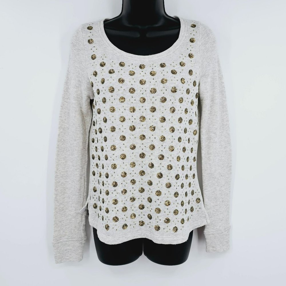 Anthro Deletta Sweater S 100% Cotton Heather Grey Metallic Bronze Sequin Dots
